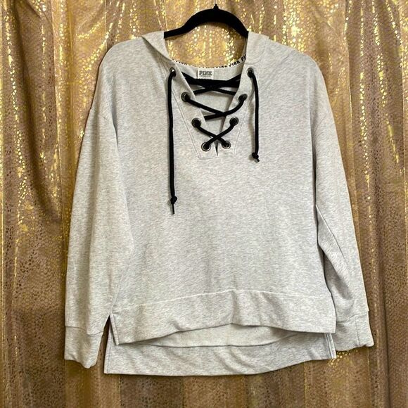 PINK Victoria’s Secret gray/black lace up tunic hoodie, size XS - Picture 1 of 5